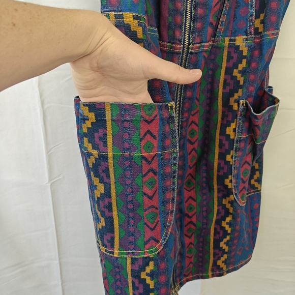 Marc By Marc Jacobs Overall Aztec Colorful Printed Denim Zip Up Mini Dress Sz 8 - Picture 6 of 16